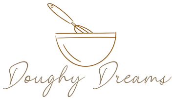 The logo of Doughy Dreams - A baking bowl with a whisk in it with the text Doughy Dreams underneath, in brown tones.