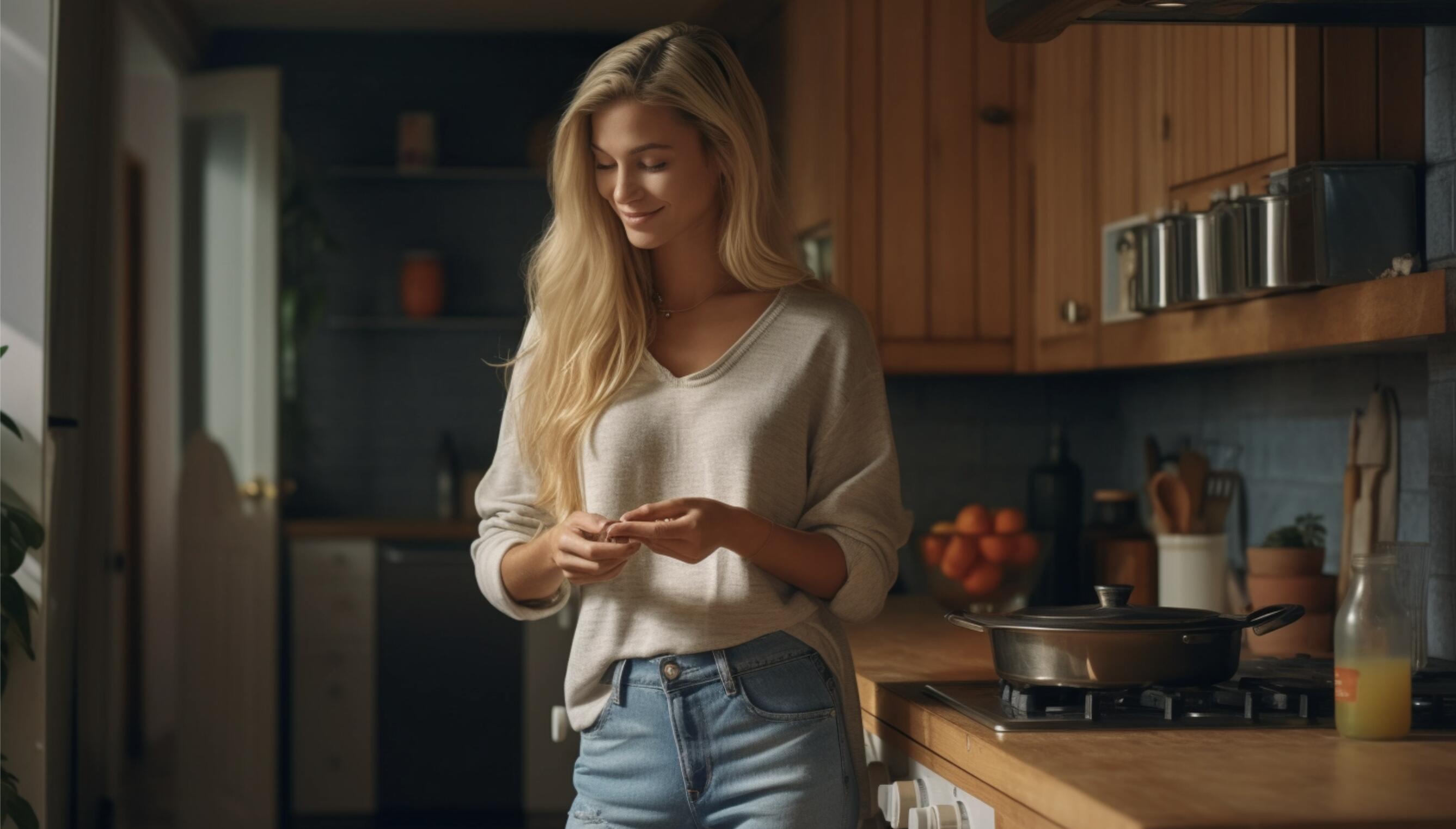 Erin Silver in her own kitchen - blonde woman standing in the middle of the kitchen beside her oven, looking down smiling. She is wearing a light sweater and a pair of jeans.