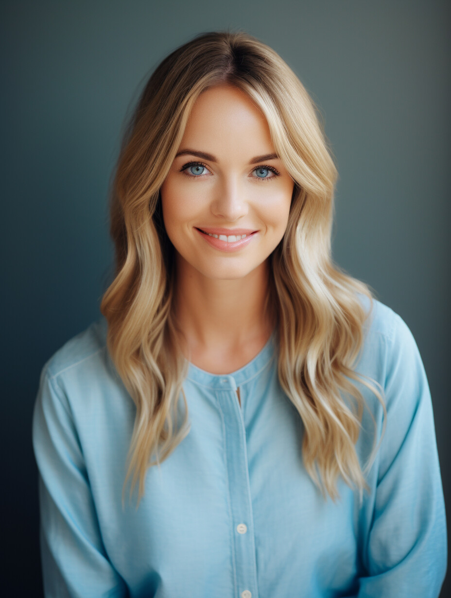 A portrait image of Erin Silver the founder of Doughy Dreams - Blonde, smiling woman with blue eyes and a blue shirt.