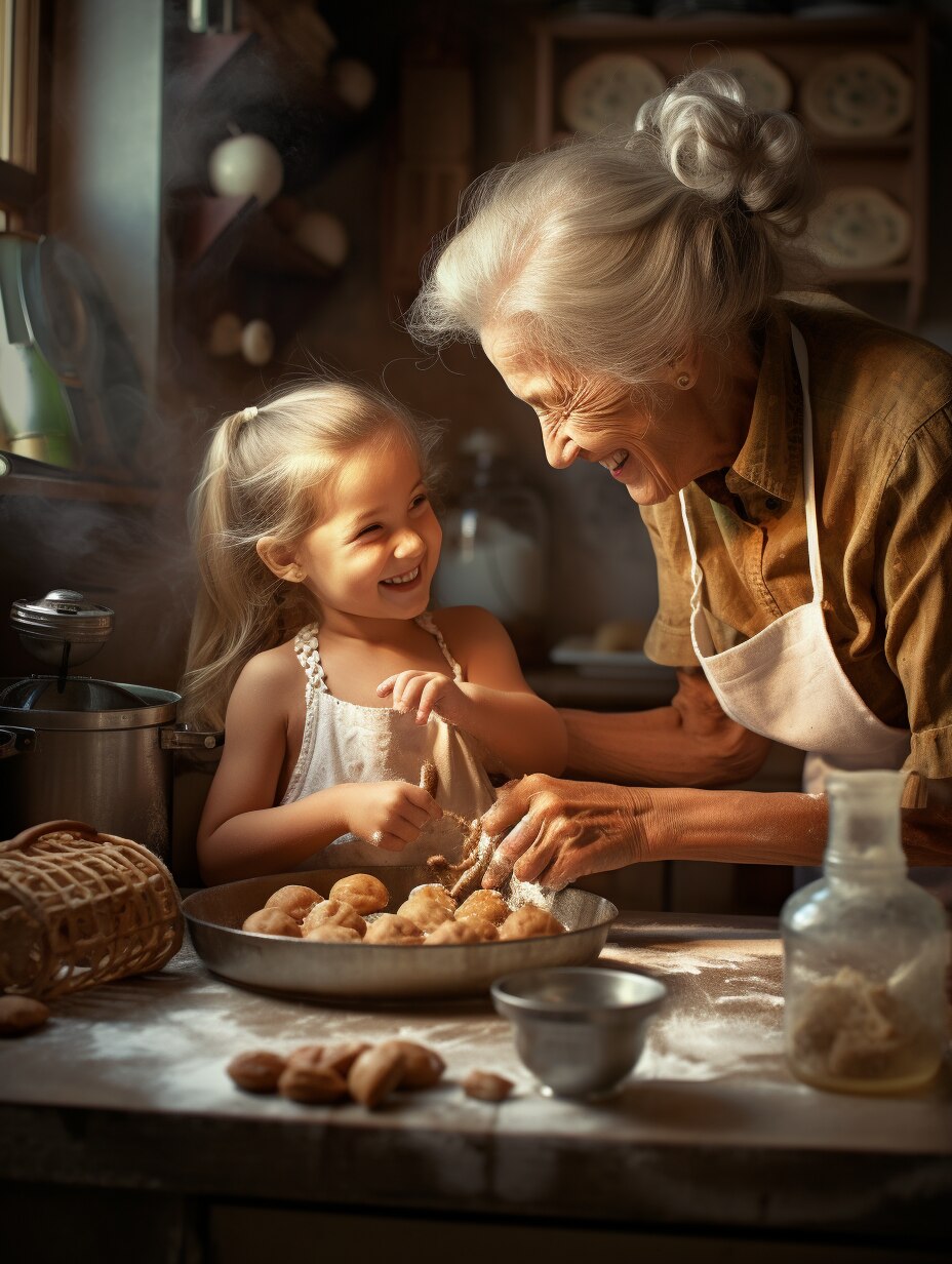 Grandma Rose and Erin's daughter - and elderly woman and a little girl standing behind a kitchen island looking at each other and smiling, baking together.