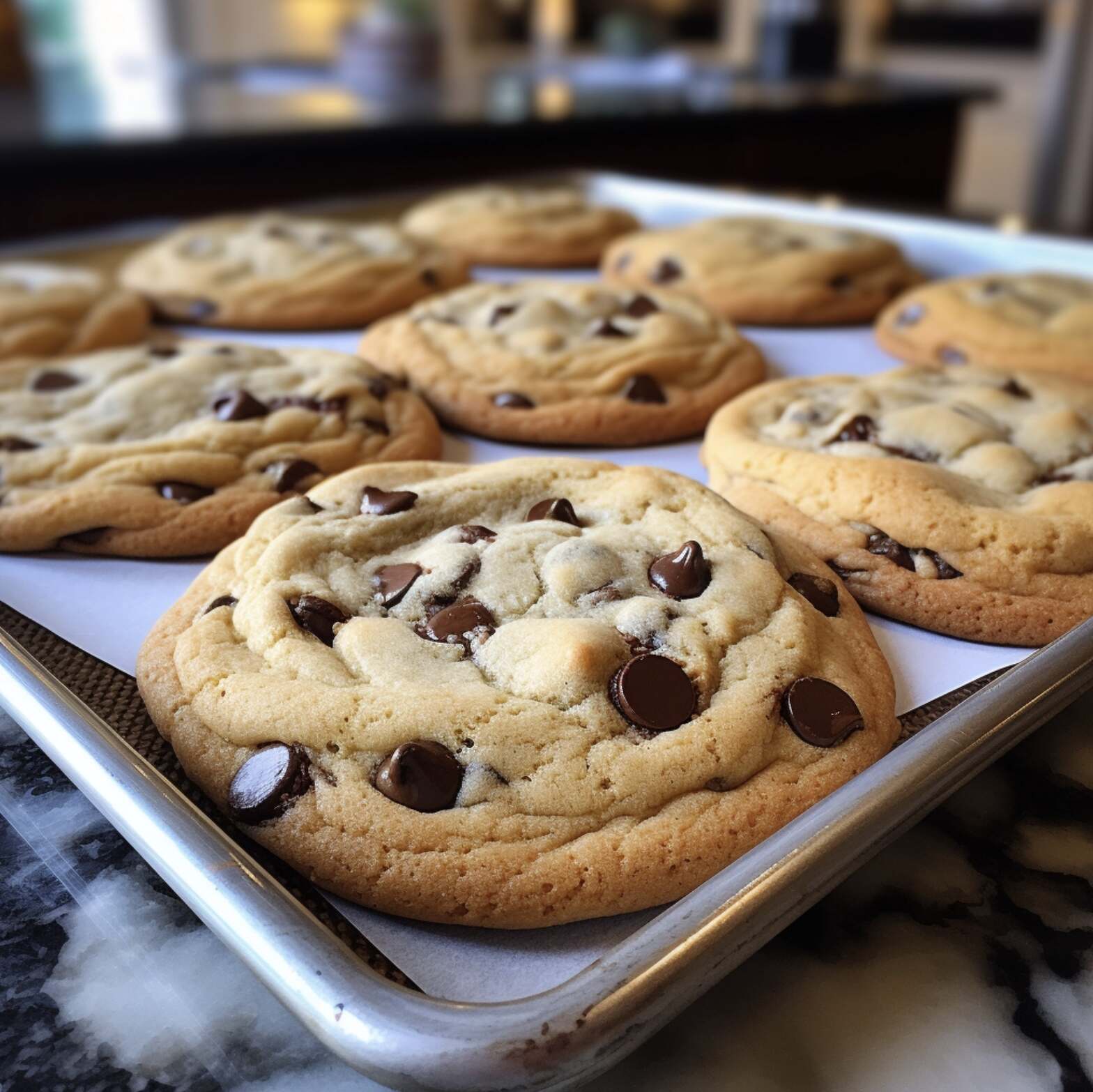 A baking sheet with multiple chocolate chip cookies on it.