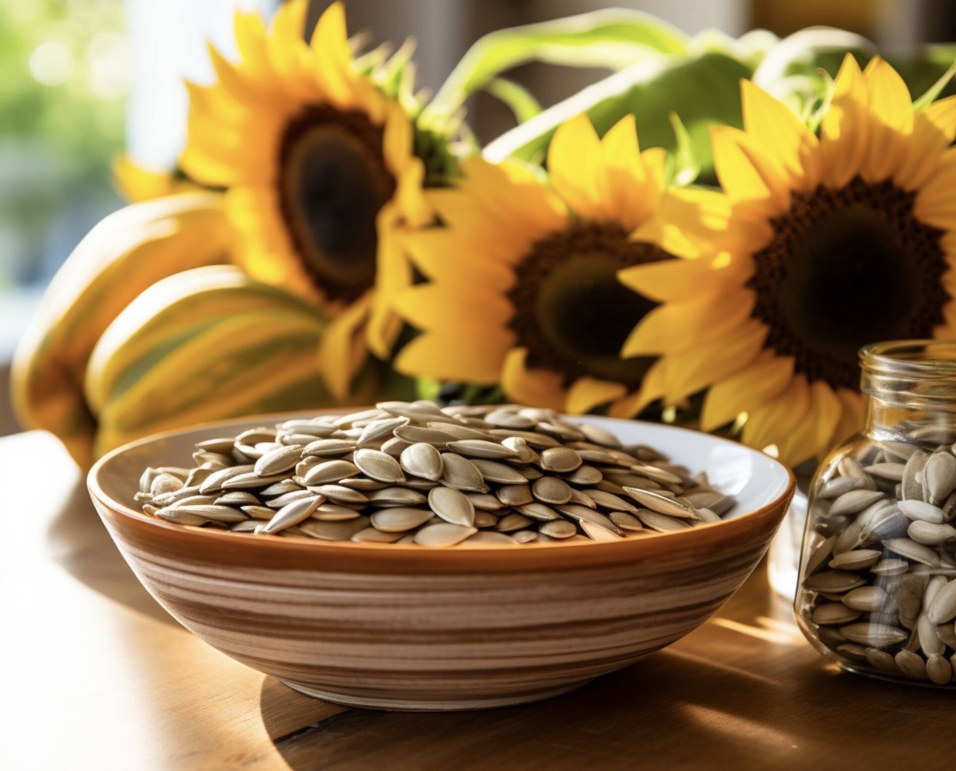 A bowl filled with sunflower seeds and three sunflowers in the background.