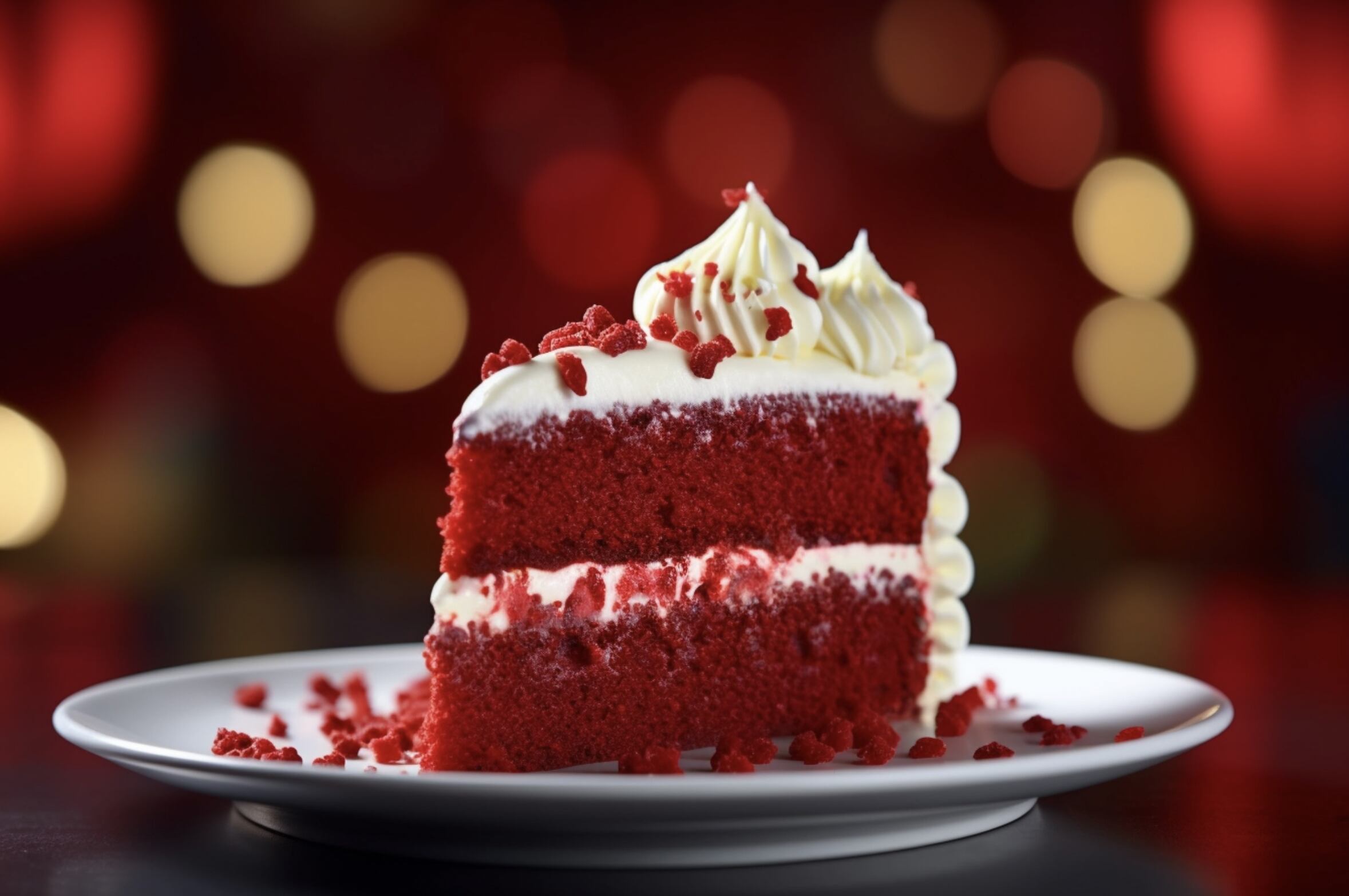 A big piece of red velvet cake on a white plate with a red and gold twinkling background.