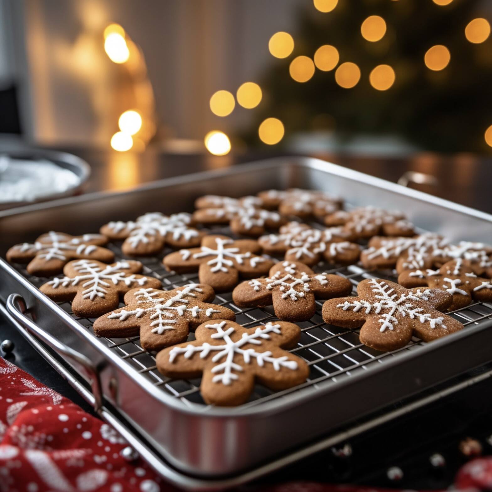 A baking sheet with multiple gingerbread snowflake cookies with a twinkling background.