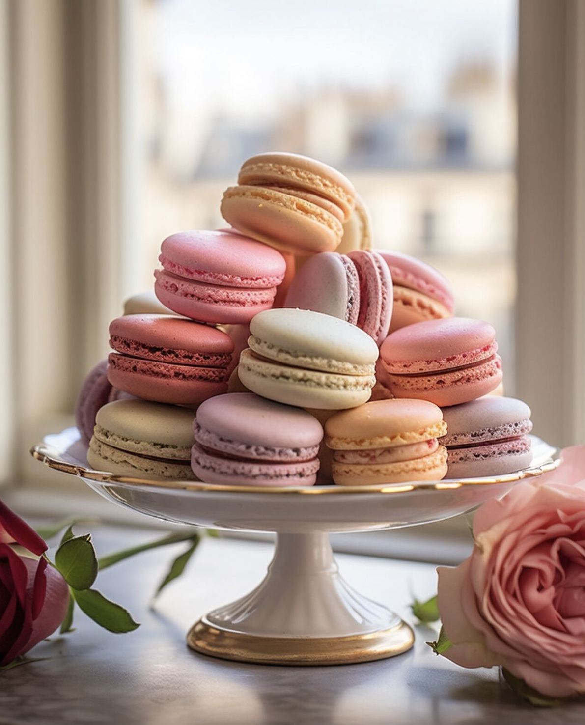 A serving plate with different coloured macarons on top in front of a blurred window.