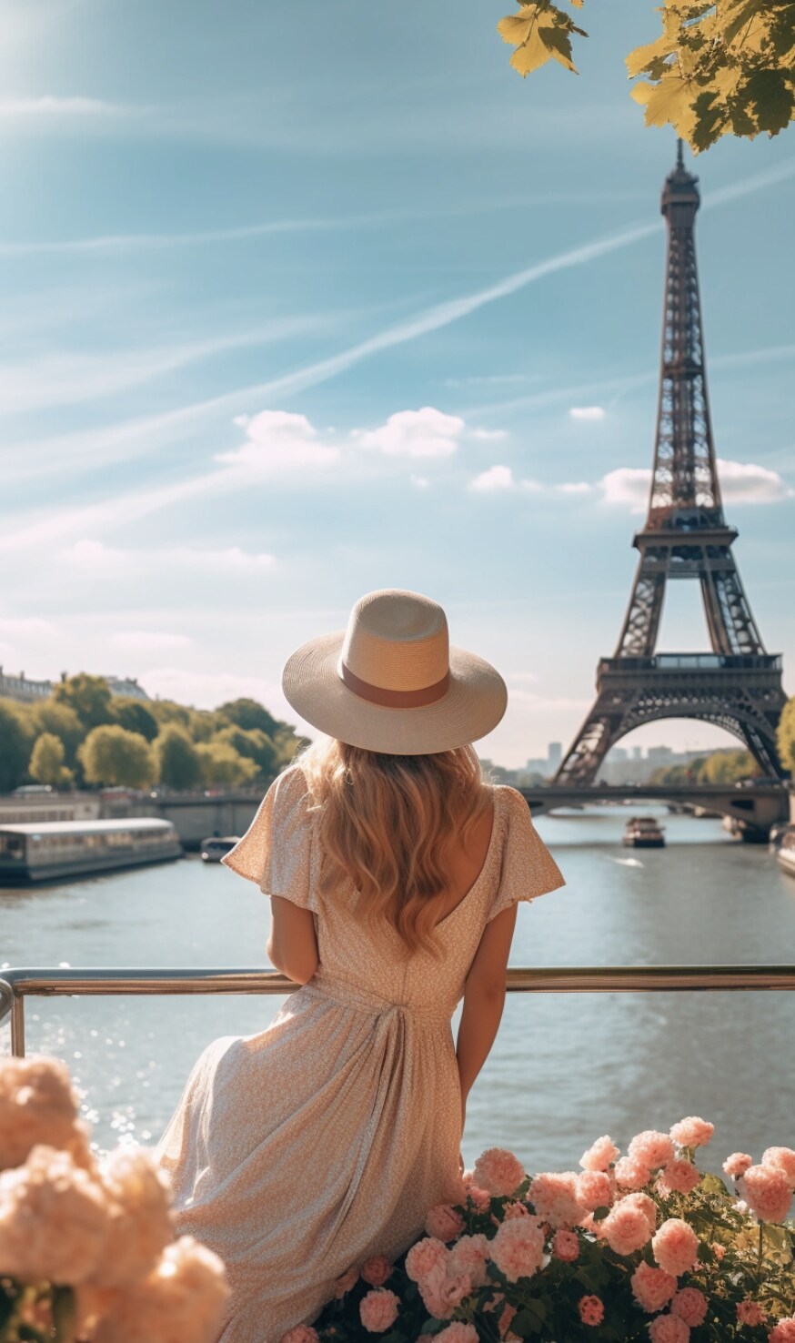A blonde woman wearing a light coloured dress and hat sitting by a rose bush watching the Eifel Tower.